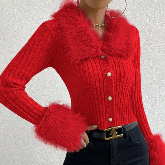 Red Casual Women's Fuzzy Patchwork Slim Fit Cardigan - Picture 4 of 8